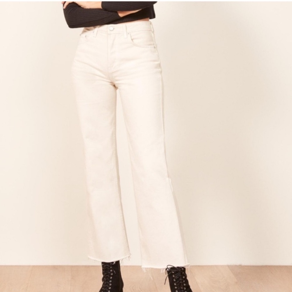 Reformation Fawcett Ivory High Waisted Straight Flare Leg Raw Hem Jeans Size 29